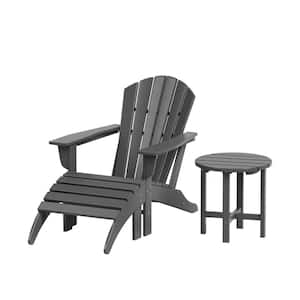 Vesta Gray 3-Piece Plastic Outdoor Adirondack Chair with Ottoman and Table Set
