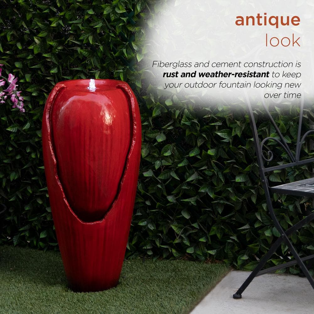 Red 32" Fiberglass Jar Water Fountain with LED Light
