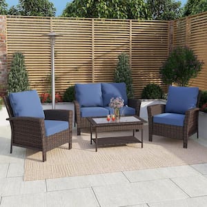 Black 4-Pieces Metal Patio Conversation Sectional Seating Set with CushionGuard Blue Cushions