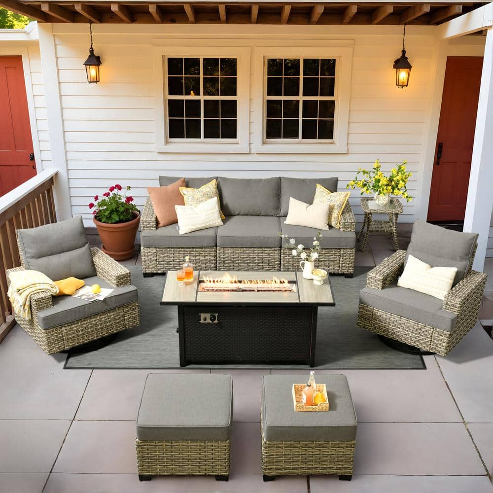 Tiberte Gray 9-Piece Wicker Patio 54 in. Rectangle Fire Pit Conversation Set with Dark Gray Cushions and Swivel Chairs price history on PriceWatchPro