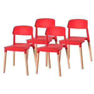 Red Modern Plastic Dining Chair Open Back with Beech Wood Legs (Set of 4)