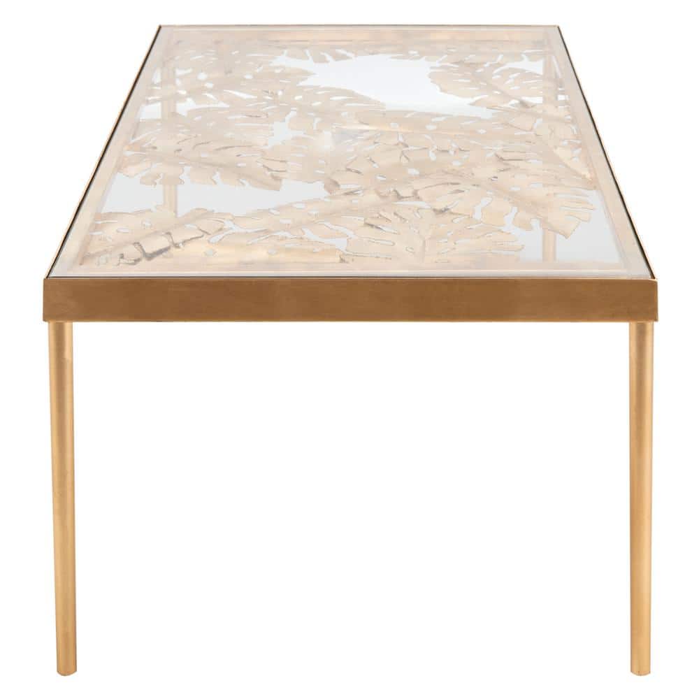 Elegant Gold Leaf Rectangular Glass Coffee Table with Palm Design