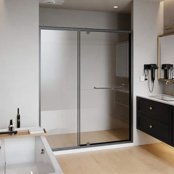56 in.-60 in. W x 72 in. H Pivot Framed Shower Door in Matte Black with Clear Glass Door