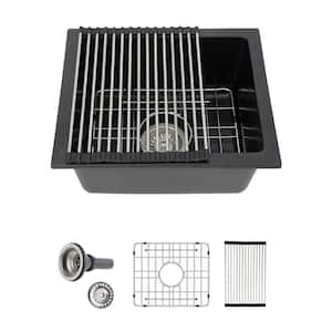 18 in. Undermount Single Bowl Black Quartz Composite Kitchen Sink with Bottom Grids