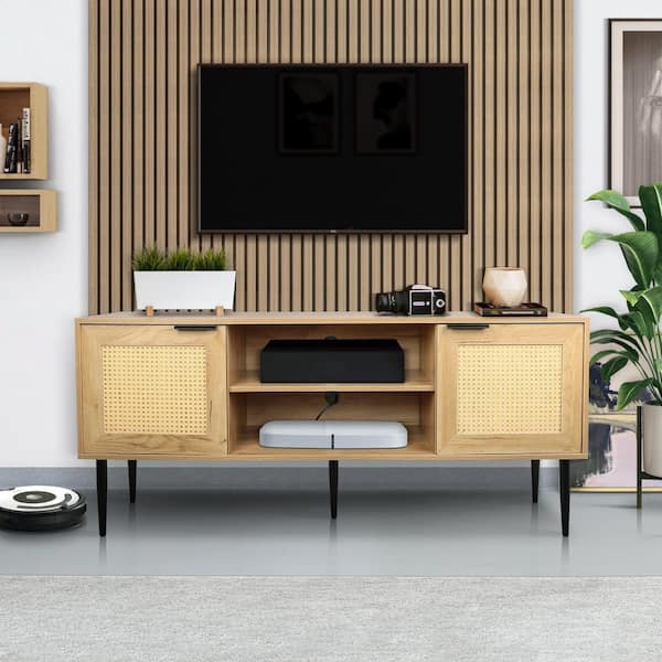 Manhattan Wood TV Stand with Rattan Cabinets