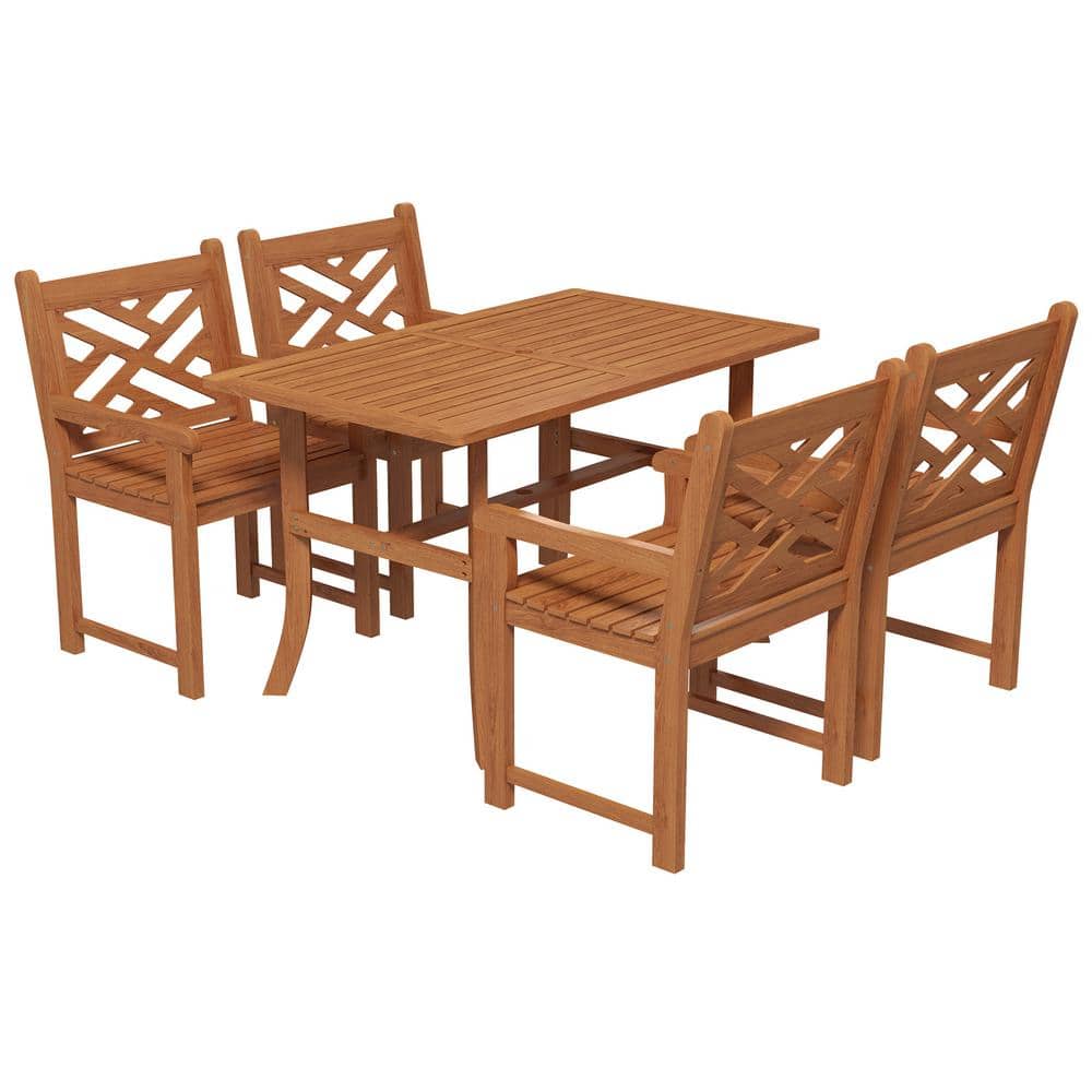 Teak Finish 4-Person Poplar Wood Outdoor Dining Set