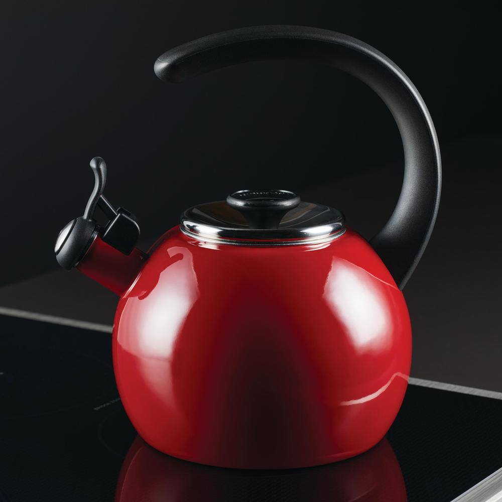 Red Enamel Steel Whistling Teakettle with Flip-Up Spout, 2-Quart