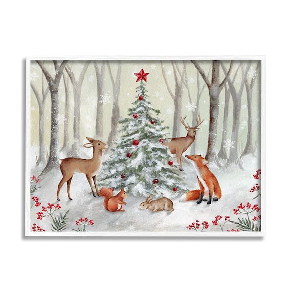 Stupell Industries Forest Animals and Christmas Tree by Emma Leach 1 Piece Framed Graphic Print Animal Poster Art Print 20 in. x 16 in.