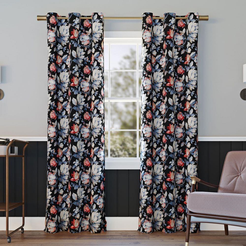 Black Floral Blackout Grommet Curtain Panel 40" x 84"