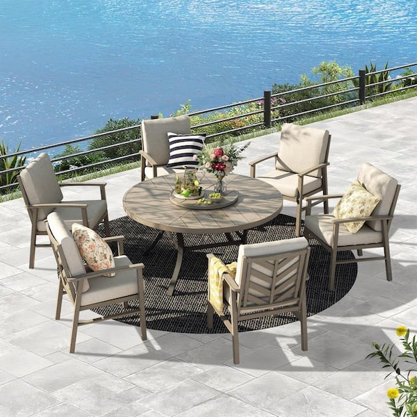 Amario 7-Piece Aluminum Outdoor Dining Set with Cast Silver Sunbrella Cushions