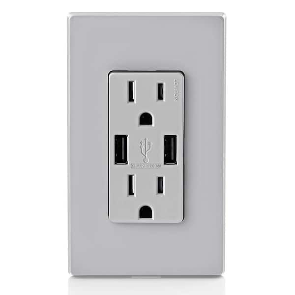 3.6 Amp USB Dual Type A In-Wall Charger with 15 Amp Tamper-Resistant Outlets, Light Gray T5632-LG