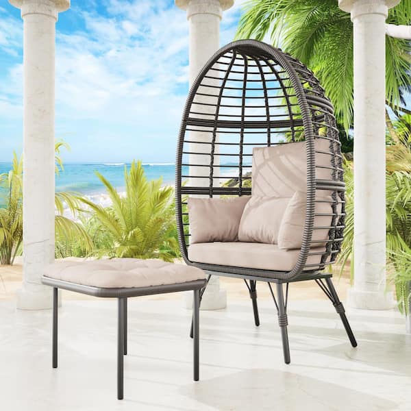 Sudzendf Wicker Outdoor Lounge Chair, Wicker Egg Chair with Beige Cushions and Ottoman