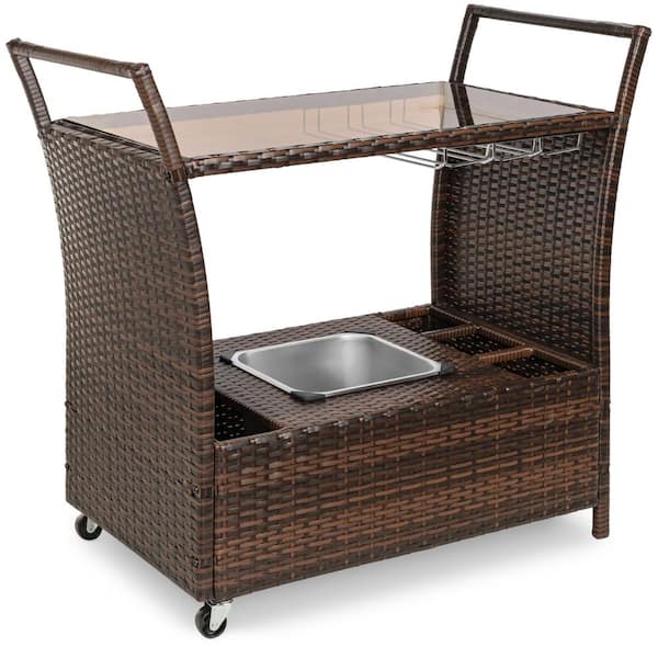 Best Choice Products Brown Wicker Outdoor Rolling Bar Serving Cart with Ice Bucket, Glass Countertop, Storage