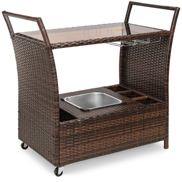Best Choice Products Brown Wicker Outdoor Rolling Bar Serving Cart with