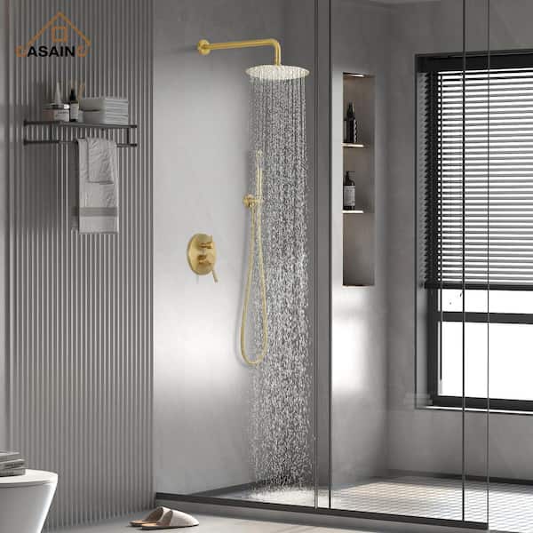 1-Spray Pattern Round 10 in. Rain Dual Shower Head Wall Mount Fixed and Handheld Shower Head 1.5 GPM in Brushed Gold