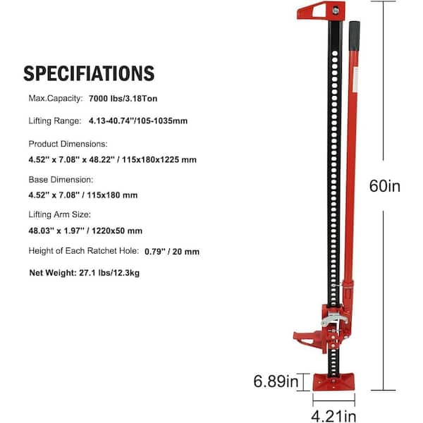 60 in. Ratcheting Off Road Utility Jacks, 7000 LBS High Lift Farm