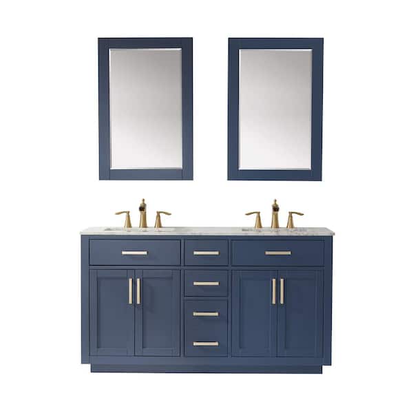 Altair Ivy 60 in. Double Bathroom Vanity Set in Royal Blue and Carrara White Marble Countertop with Mirror