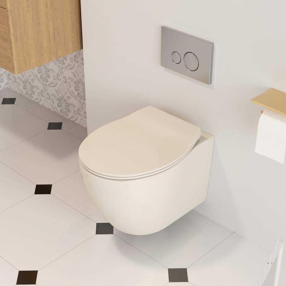 Beige Ceramic Wall-Hung Elongated Toilet with Slow-Close Seat