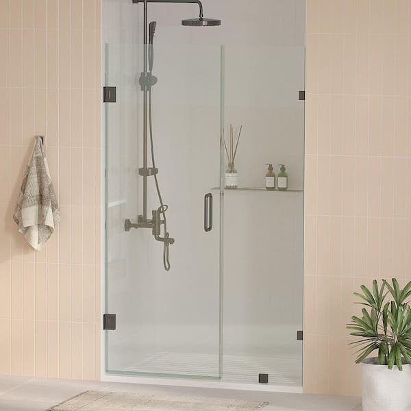 Kobiworks Nirvana 65.5 in. W x 76 in. H Frameless Pivot Hinged Shower Door in Matte Black with 3/8 in. Clear Glass