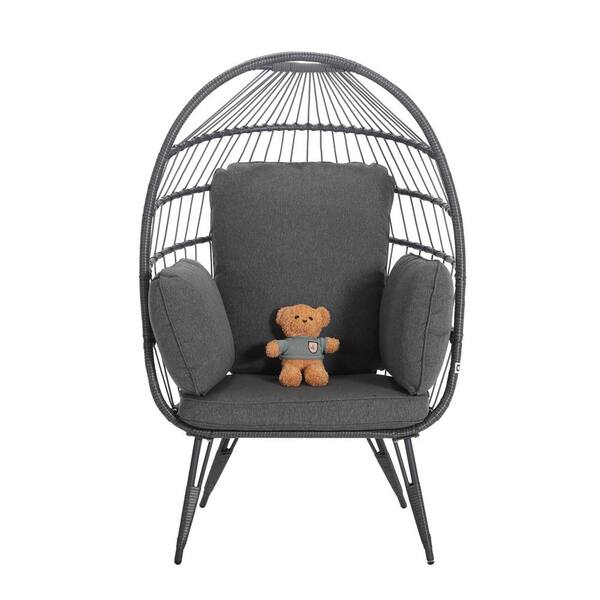 Unbranded Wicker Egg Chair Indoor Outdoor Lounge Chair Patio Chaise Lounge with Gray Cushions