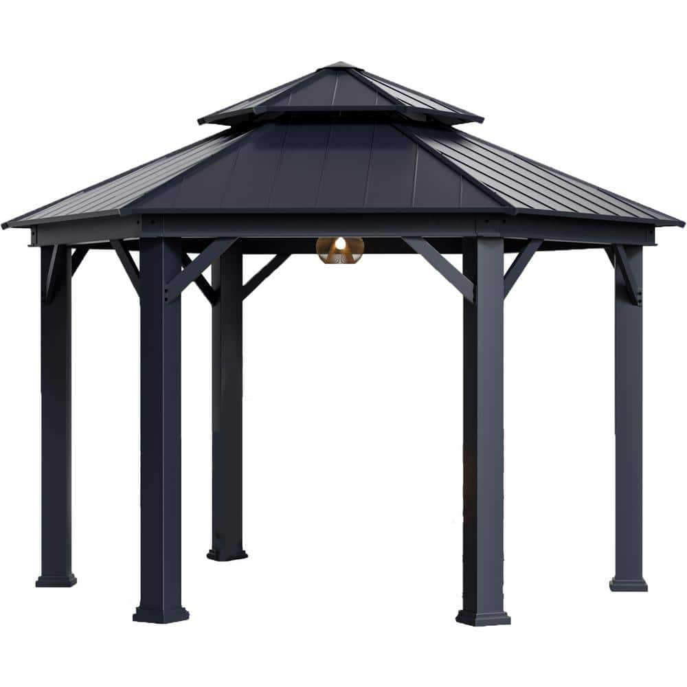 15 ft. x 15 ft. Outdoor Wood Looking Aluminum Hexagon Gazebos with Galvaniz