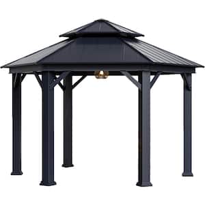 15 ft. x 15 ft. Outdoor Wood Looking Aluminum Hexagon Gazebos with Galvanized Steel Roof for Patio, Backyard and Deck