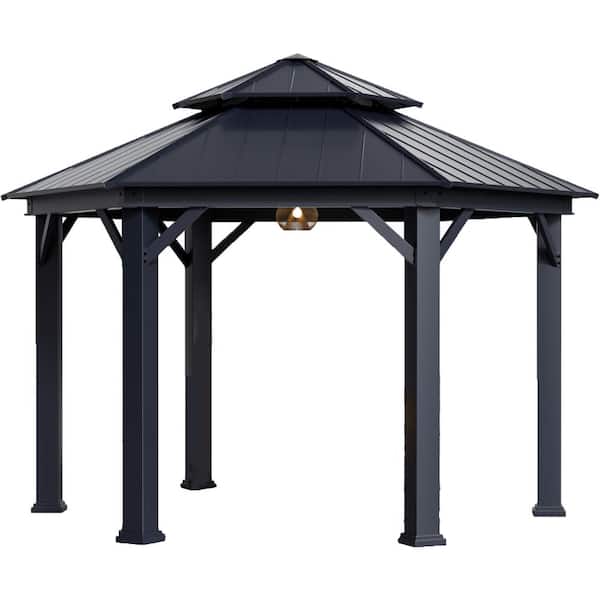 Unbranded 15 ft. x 15 ft. Outdoor Wood Looking Aluminum Hexagon Gazebos with Galvanized Steel Roof for Patio, Backyard and Deck