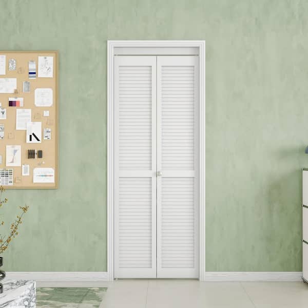 TENONER 30 in. x 80 in. Louver Bi-Fold Interior Door for Closet, MDFandPVC, White Folding Door for Wardrobe, including Hardware