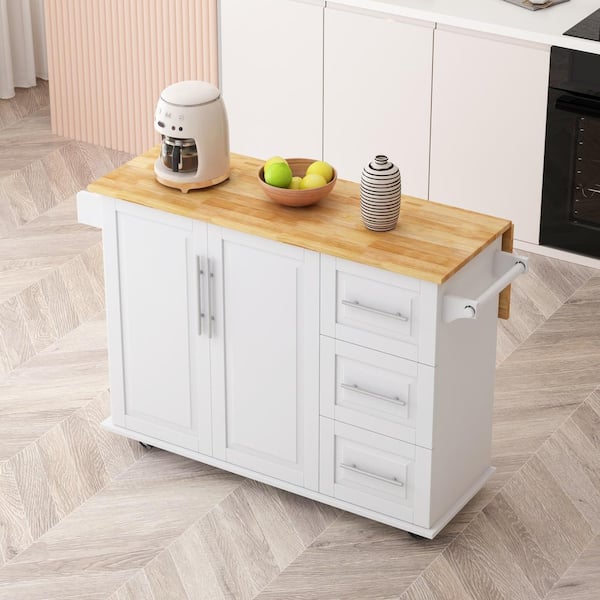 Unbranded White Rubber Wood Kitchen Cart with Drop Leaf, 2-Door Cabinet, 3-Drawers, Spice Rack and Towel Rack