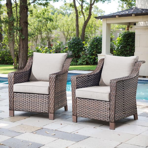 moosprr Porch Brown Wicker Outdoor Lounge Chair with Beige Cushions and 4 In. Wide Armrest (2-Pack)