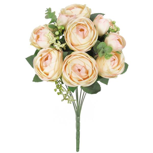 LIVING LUXURY 18 in. Ivory Pink Artificial Ranunculus Flower Stem Bush Bouquet (Set of 2)
