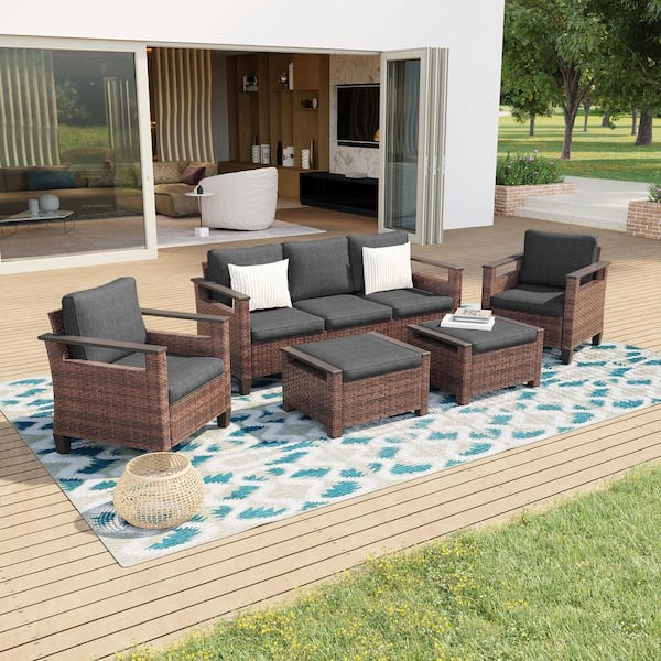 5 Pieces All-Weather PE Brown Wicker Patio Conversation Set with Black Cushion