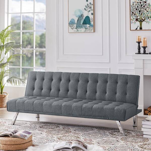 GODEER Light Gray 2-Seat Futon Sofa Bed, Upholstered Convertible Folding Sleeper Recliner for Living Room