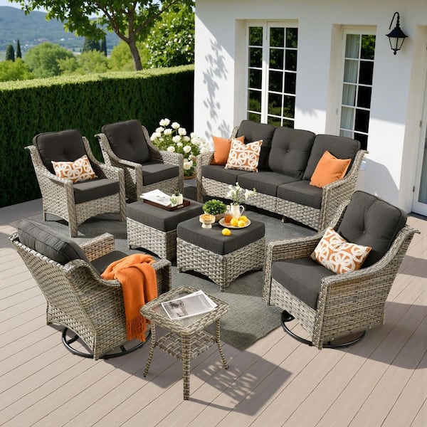 BlissHaven 8 Pieces Wicker Patio Conversation Seating Sofa Set with Black Cushions and Swivel Rocking Chairs