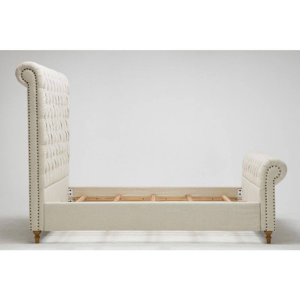 Elegant Cream Tufted Queen Bed with Ultra-High Headboard and Wood Frame