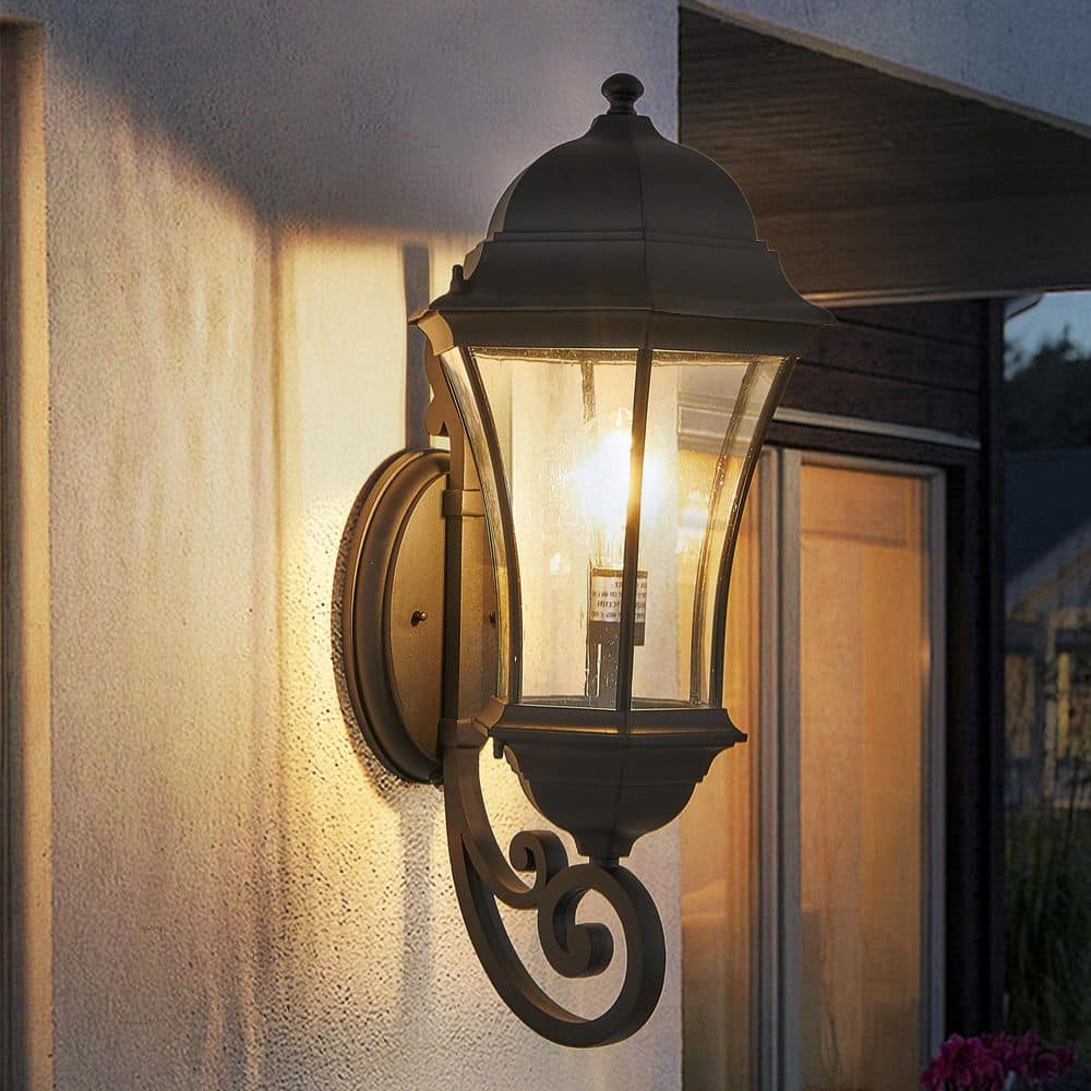 27 in. 1-Pack Black No Motion Sensing Dusk to Dawn Outdoor Hardwired Wall Lantern Sconce Clear Glass with No Bulbs price history on PriceWatchPro