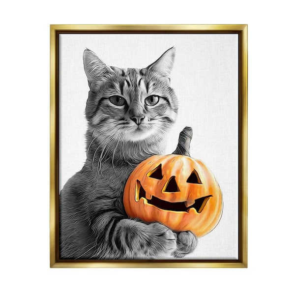 Stupell Industries Cat and Jack-o-Lantern by Annalisa Latella 1 Piece Floater Frame Graphic Print Animal Poster Art Print 31 in. x 25 in.