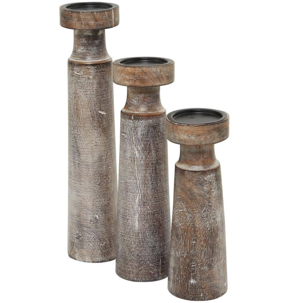 Dark Brown Mango Wood Coastal Candle Holder Set