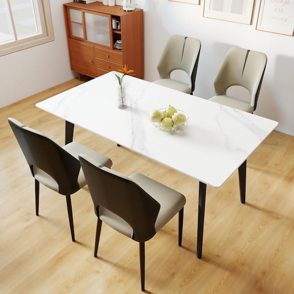 63 in. White Sintered Stone with Black Metal 4-Legs Dining Table (Seats-6)