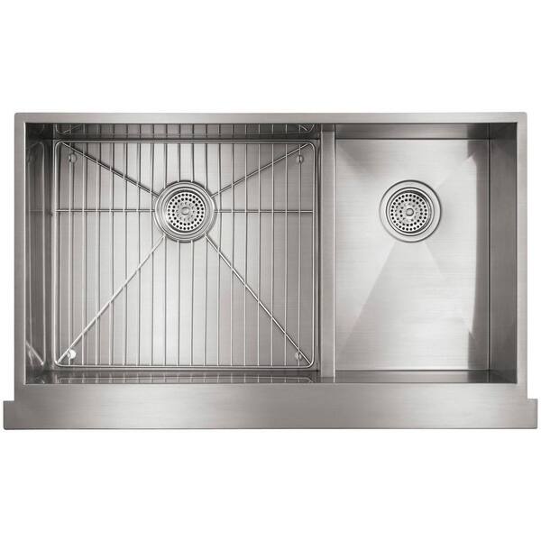 Vault Farmhouse Apron Front Smart Divide Undermount Stainless Steel 36 in. Double Bowl Kitchen Sink Kit with Basin Rack
