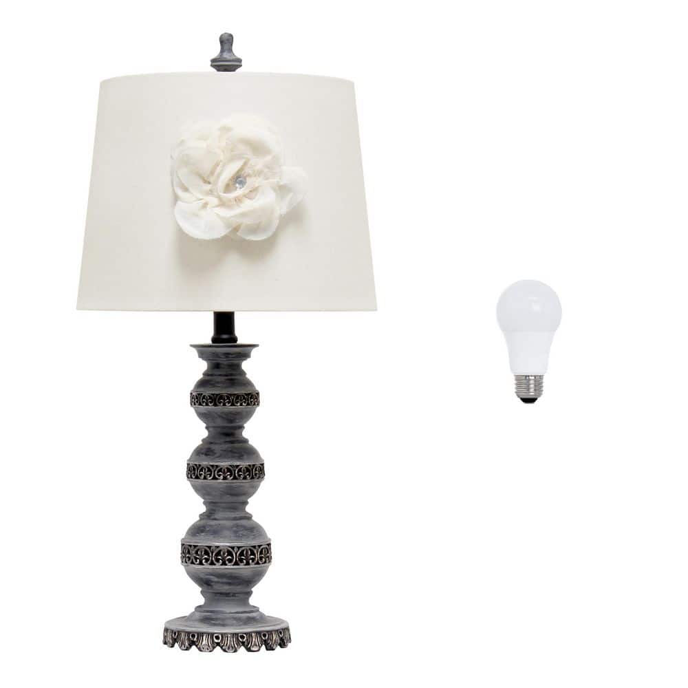 25 in. Aged Bronze Stacked Ball Lamp with Couture Linen Flower Shade and LE
