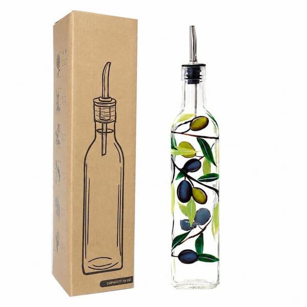 17 oz. Hand-Painted Glass Olive Oil Bottle Dispenser, 500 ml Oil and Vinegar Cruet with Stainless Steel Pourer