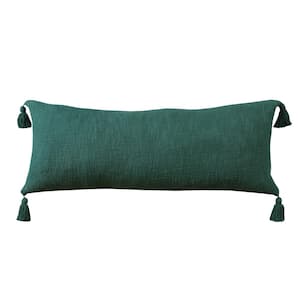 Unique Emerald Green Neutral Solid Cotton Lumbar 36 in. x 14 in. Indoor Throw Pillow with Tassels