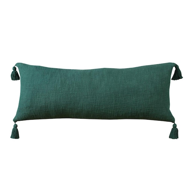 LR Home Unique Emerald Green Neutral Solid Cotton Lumbar 36 in. x 14 in. Indoor Throw Pillow with Tassels