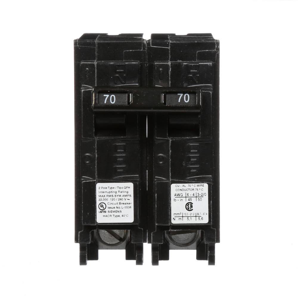 Siemens 70 Amp 2-Pole QPH 22 KA Circuit Breaker Q270H - The Home Depot