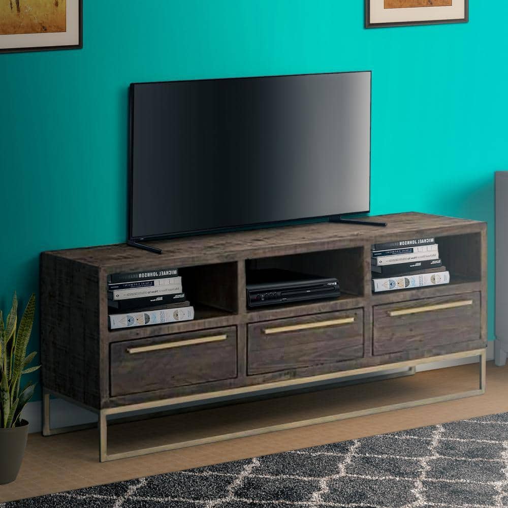 Transitional Reclaimed Pinewood TV Console with Drawers, Brown and Gold