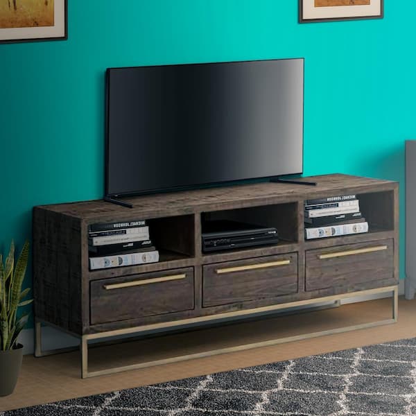 Benjara 52 in. Brown and Gold Wood TV Stand Fits TVs up to 47 in. with 3-Drawer and 3-Open Compartments