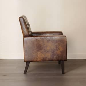 Whiskey Brown Faux Leather Walnut Legs Mid Century Modern Button Tufted Accent Chair