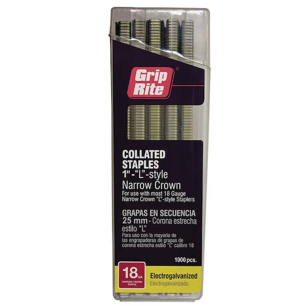 1/4 in. x 1 in. 18-Gauge Adhesive Collated Electrogalvanized L-Style Narrow Crown Finishing Staples 1000 per Box