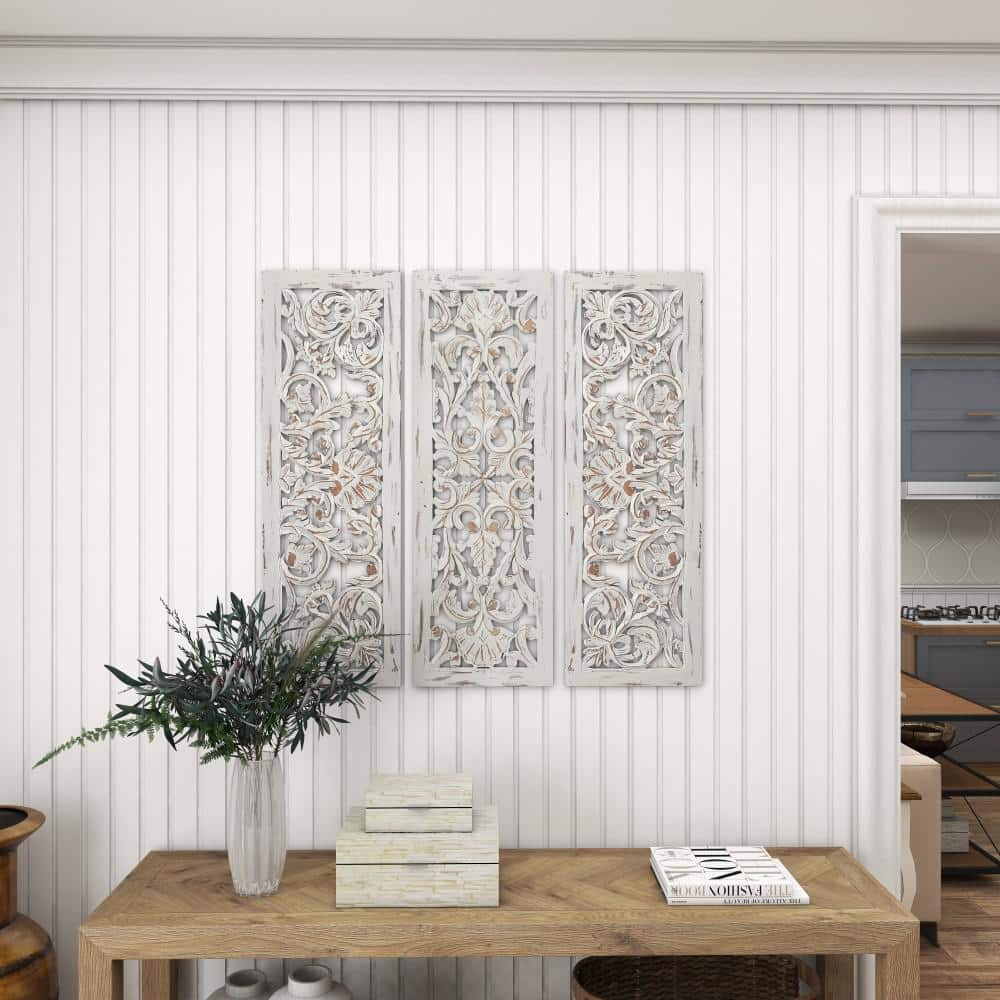 White Distressed Wood Carved Floral Wall Panels Set of 3